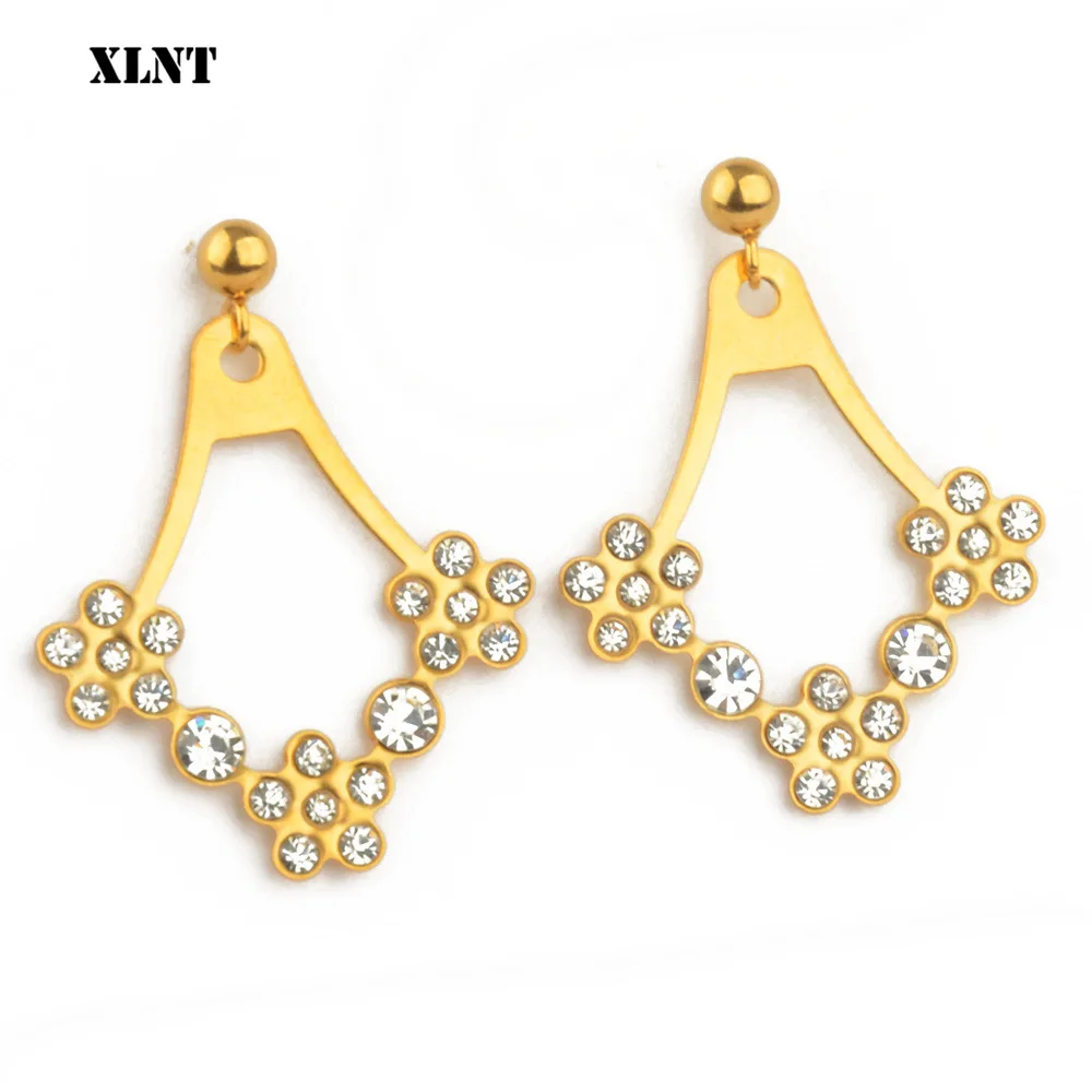 

XLNT Gold Stainless Steel Flower Crystal Drop Earrings For Women Earrings Wedding Simple Fashion Jewelry Trend Accessories