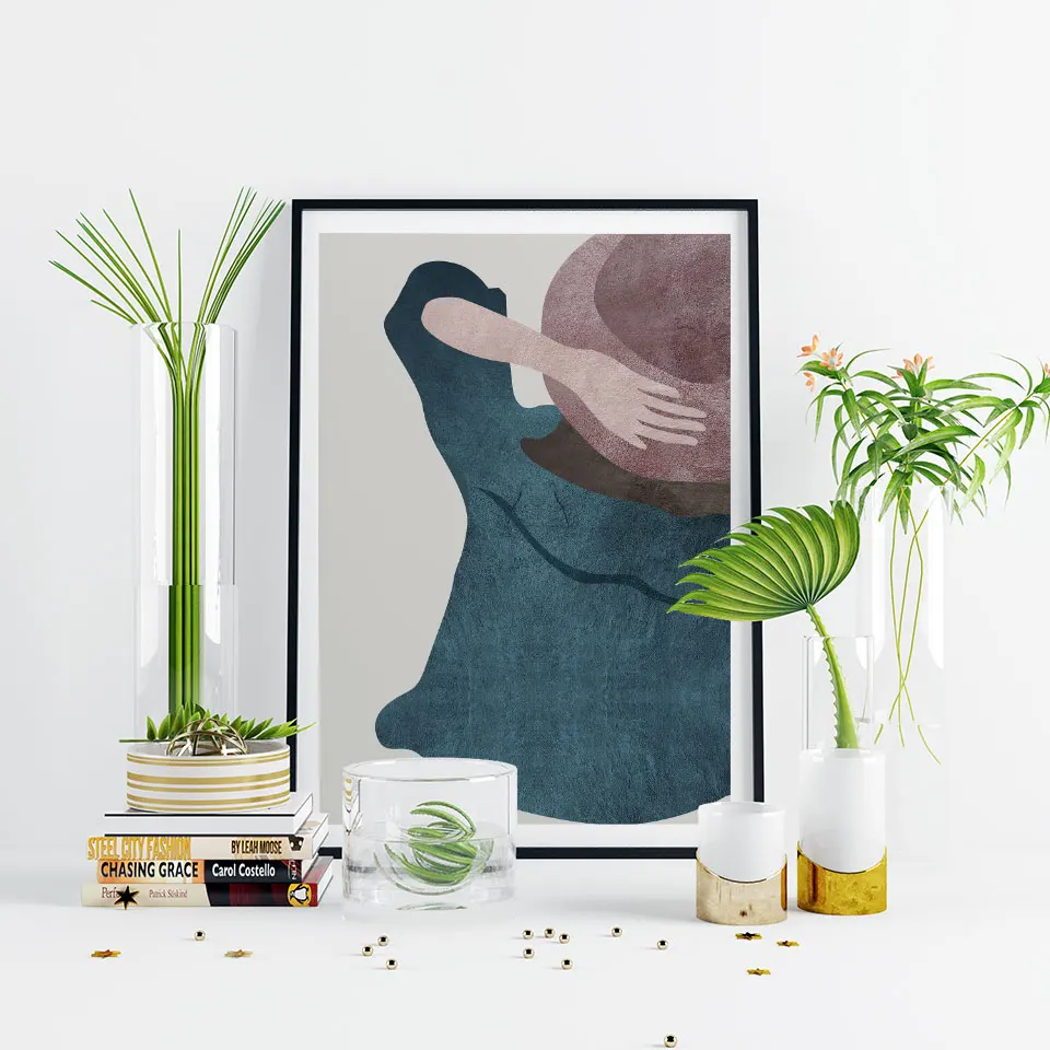 Вид сзади девушка скандинавский постер акварельное настенное искусство природа