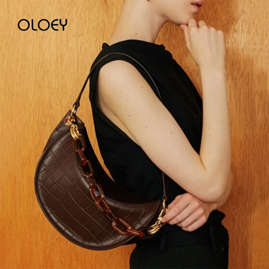 Vintage Acrylic Chain Women Handbags 2020 New Saddle Half Moon Baguette Shape Bags High Quality Crocodile Shoulder Messenger Bag | Багаж и