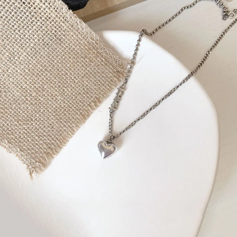 

IHUES 925 Sterling Silver Love Heart Star Pendant Thai Silver Necklace Asymmetric Round Bead Chain For Women