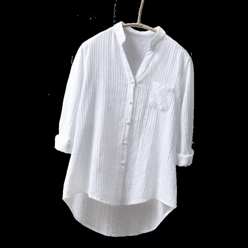 Женская хлопковая рубашка с длинным рукавом Повседневная белая блузка V образным