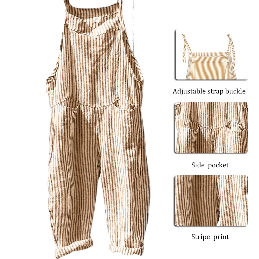 

Women Vertical Striped Jumpsuit Casual Loose Pocket Dungarees Wide Leg Jumpsuit Female Bib Overall Sleeveless Plus Size S-5XL