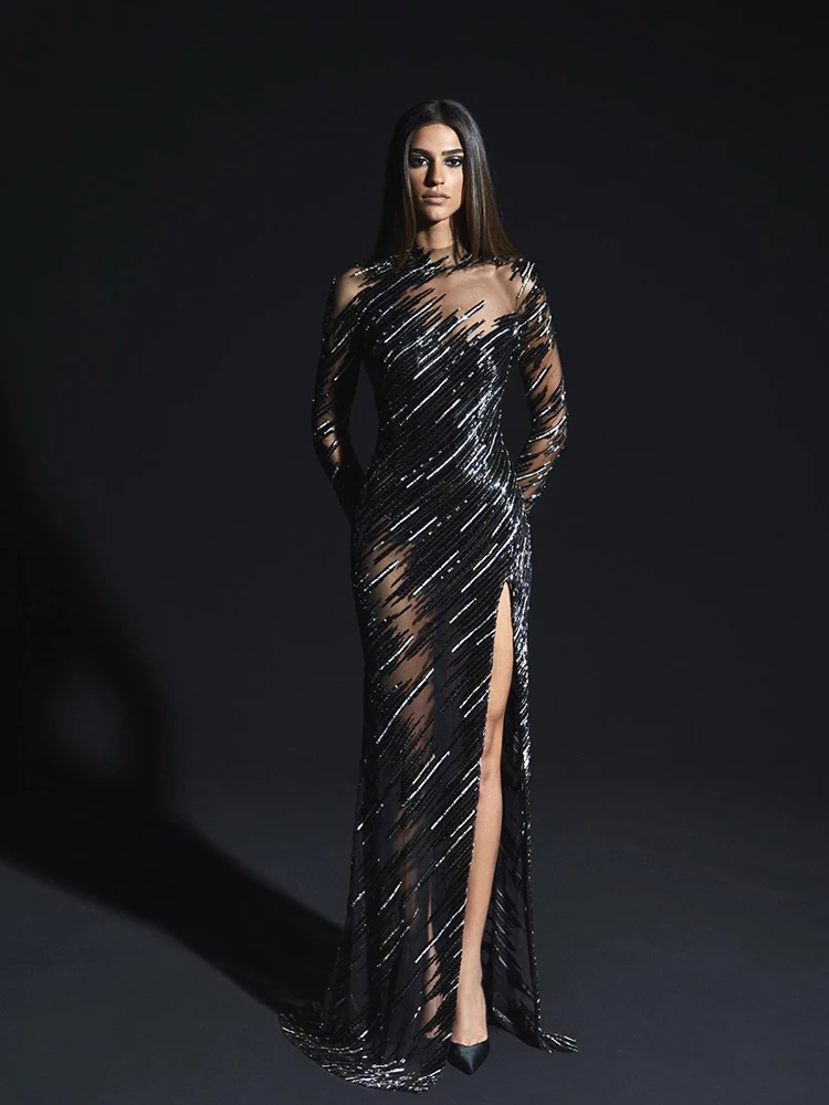 

Black Brithday Dresses Sequined Long Sleeve O Neck Backless Evening Club Gown Straight Luxury vestido Sequins Dress