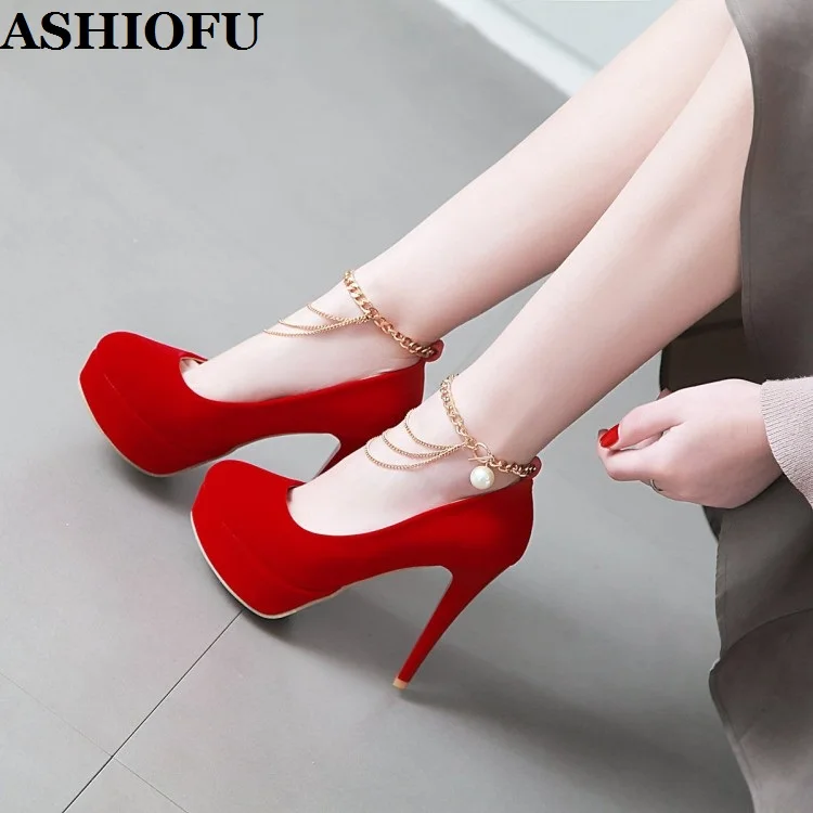 

ASHIOFU Hot Sale New Style Women's High Heels Pumps Faux-leather Chains Party Prom Dress Shoes Platform Evening Fashion Shoes