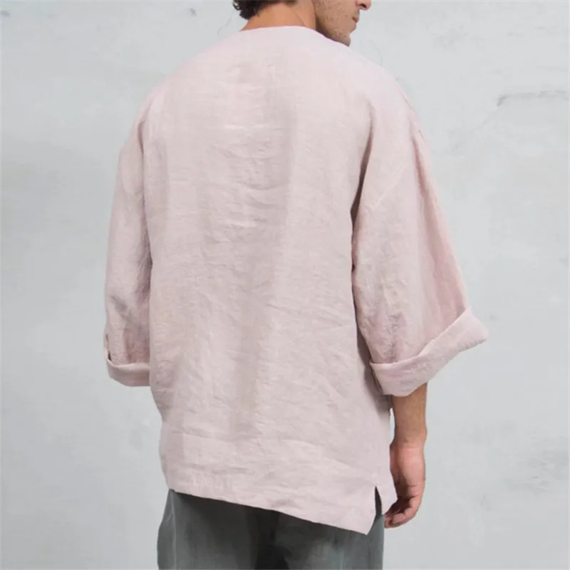 

Muslim Men Top Shirts Islamic Clothing Pakistan Ramadan Dubai Abaya V-Neck Casual Loose Solid Color Streetwear Linen Middle East