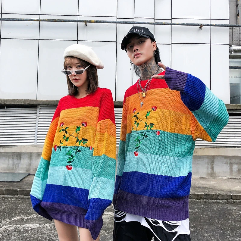 Повседневный полосатый свитер с цветочной вышивкой 2019 Осень Новые мужские |