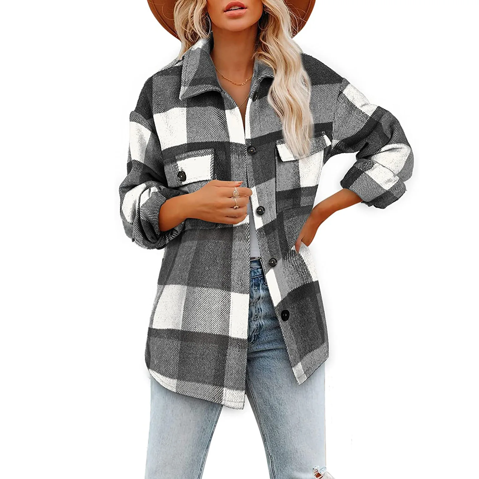 

Autumn Turn Down Collar Plaid Jacket Women Spring Checkered Coat Long Sleeve Single Breasted Shirt Jacket for Female Clothing
