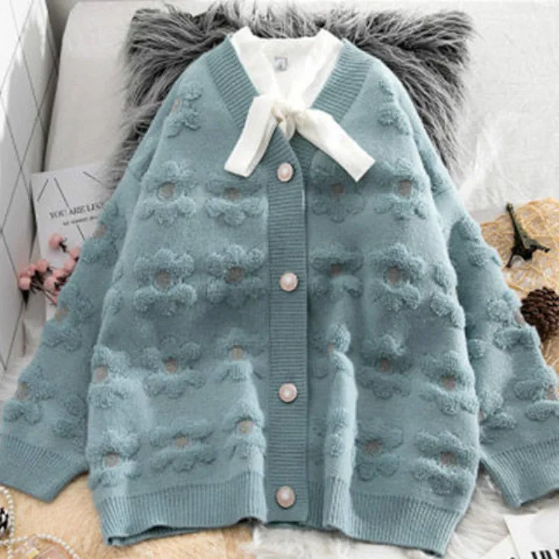 Knit Cardigan Sweater 2021 Spring Autumn New Loose Casual V Collar Lantern Sleeves Lazy Wind Hook Flower Women Y192 |