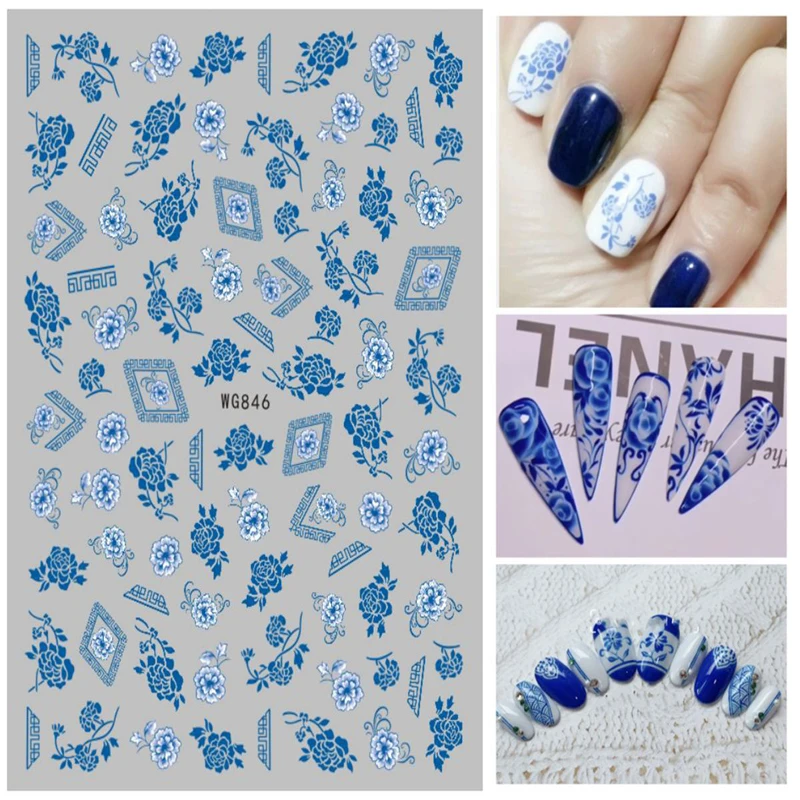 

3D nail art sticker Chinese style blue and white porcelain ultra thin foil birds butterfly rose back glue nail art decals WG110