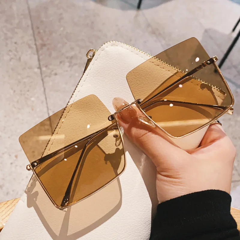 

Luxury Brand Transparent Tea Sunglasses Women Fashion Square Shades For Women Oversized Rimless Sun Glasses Men Unisex UV400