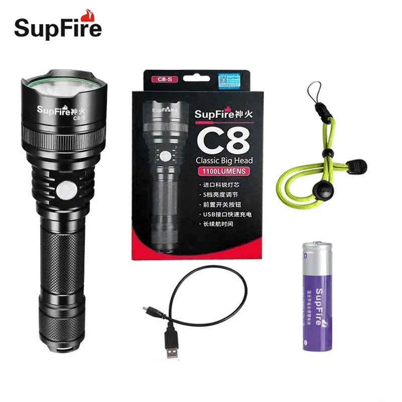 Supfire фонарик ультра яркий фонарь USB Linterna светодиодный C8-S CREE T6 18650 фонарь 2500lm 10 Вт для Nicron Convoy Fenix Sofirn