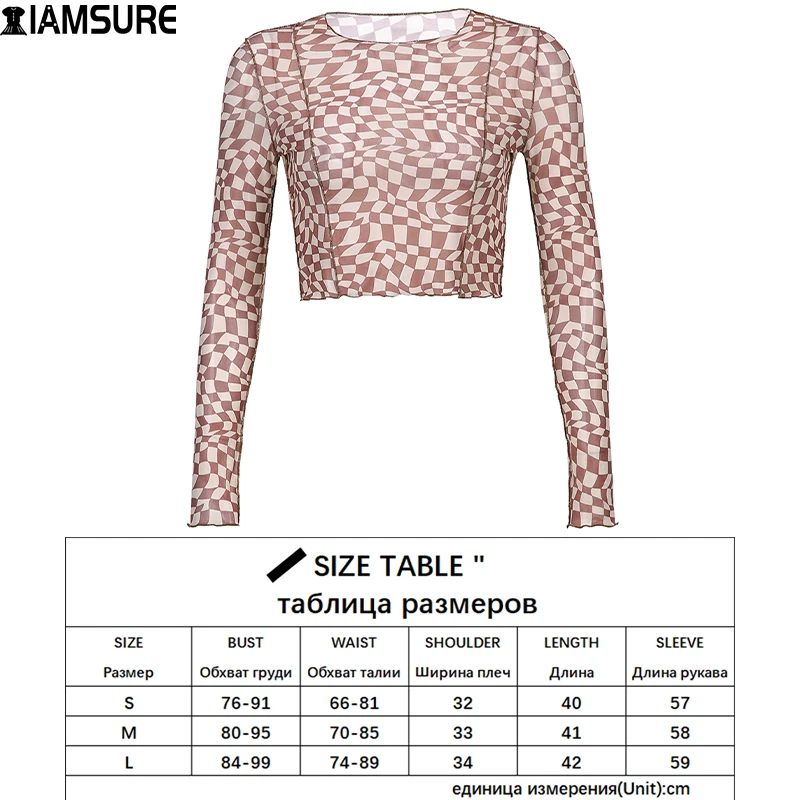 

IAMSURE Beach Style Plaid Mesh Tshirt Holiday Sexy See Through Long Sleeve Tops Women 2021 Fashion Casual Streetwear O-Neck Tees