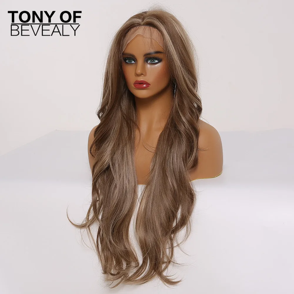 Длинные волнистые коричневые прямые кружева спереди Синтетические