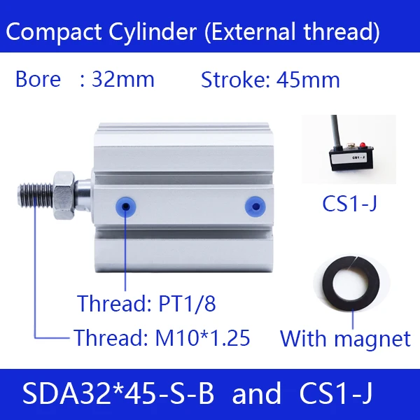SDA32*45-B 32mm Bore 45mm Stroke External thread Compact Air Cylinders Dual Action Pneumatic Cylinder | Обустройство дома