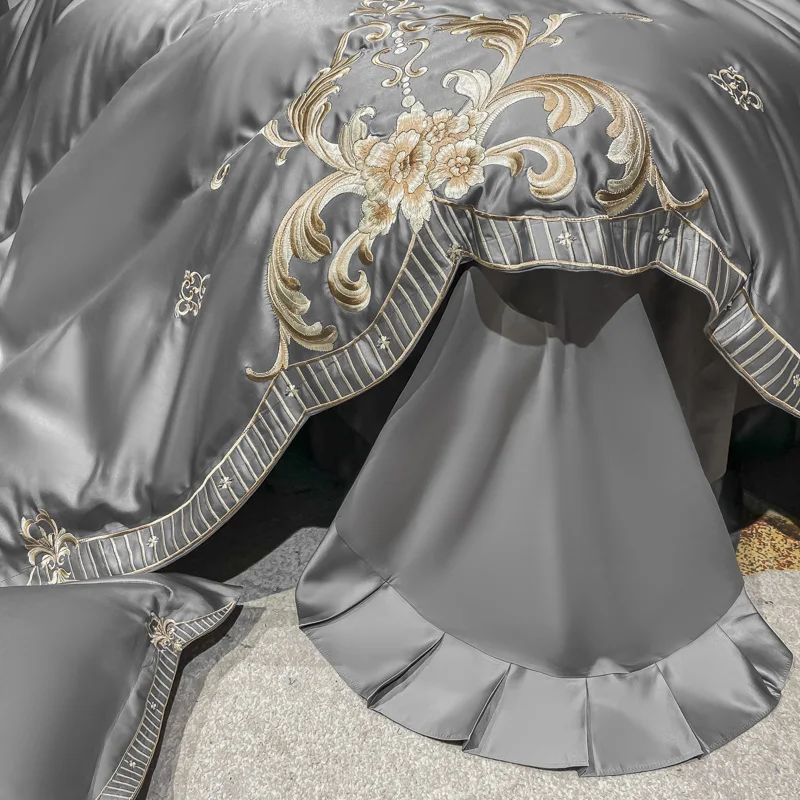 

Luxury Gray Red Champagne Purple Satin Silk Cotton Bedding Set Gold Royal Embroidery Duvet Cover Flat/Fitted Sheet Pillowcases