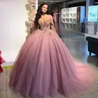 Пыльное Розовое Бальное платье принцессы, платья для Quinceanera 2021, милое платье с открытыми плечами и аппликацией из бисера для вечеринки, конкурса, милое платье 16