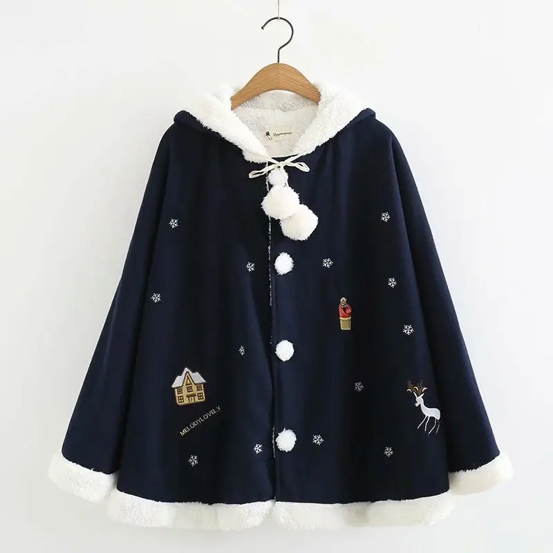 Женская кавайная накидка на Рождество теплое пончо с капюшоном и маленьким