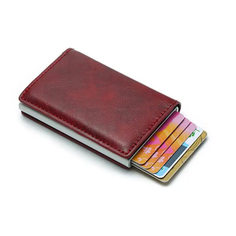 

Bycobecy Antitheft Wallet Card Holder Hasp RFID Wallet Aluminum Unisex Metal High Quality Crazy Horse PU Leather Card Wallet