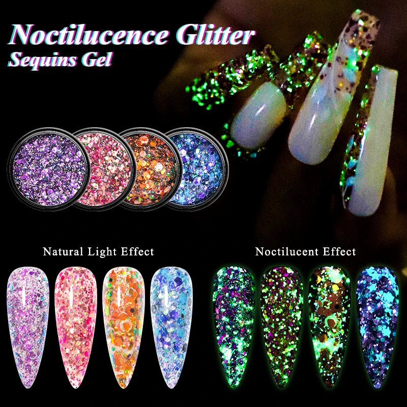 

MEET ACROSS Glitter Sequins Gel Nail Polish Luminous Glow In The Dark Shining Noctilucent Soak Off Gel Long Lasting 5ML Nail Art
