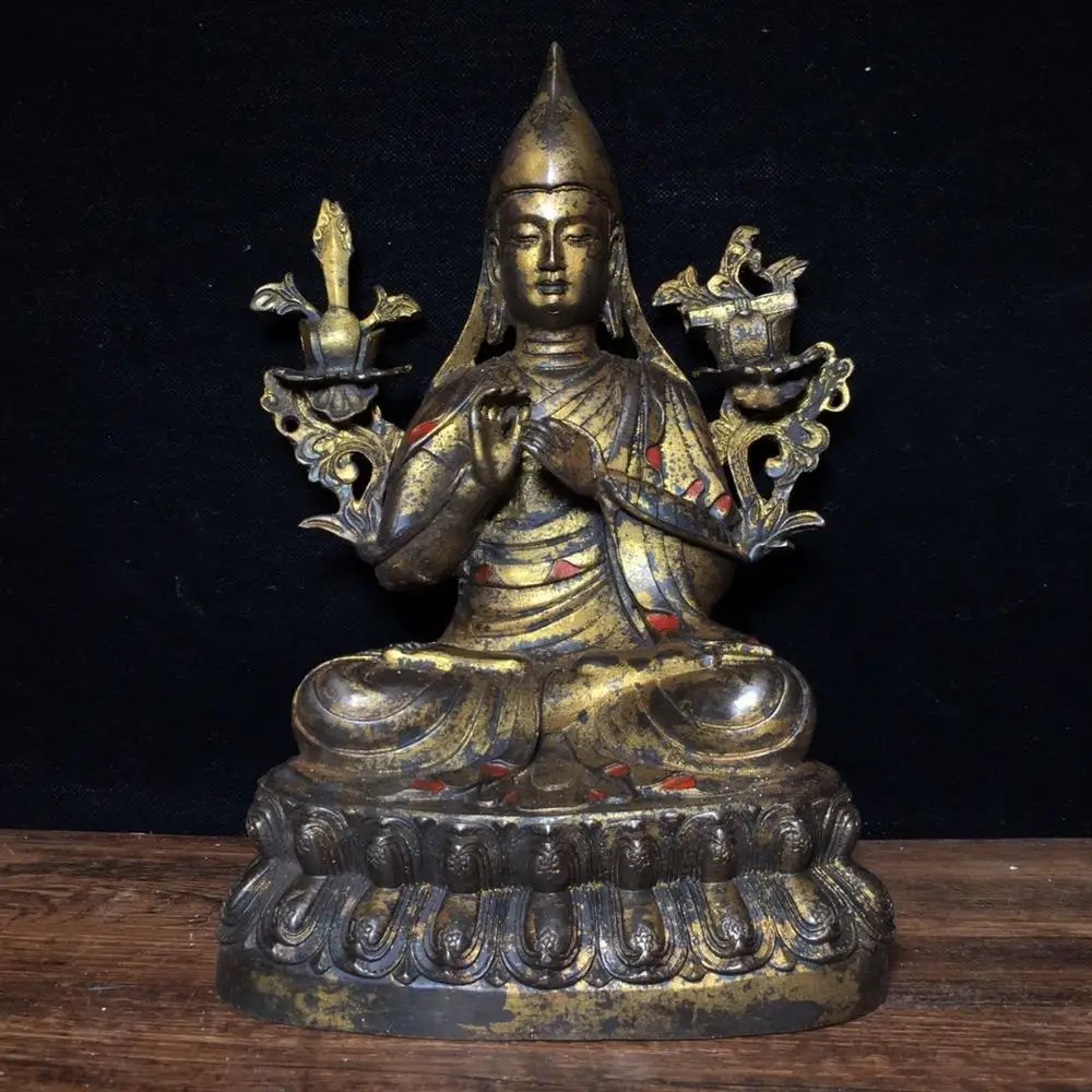 

11"Tibet Buddhism Temple Old Bronze Gilt Cinnabars Tsongkhapa Statue Tibetan trumpet Amitabha Enshrine the Buddha