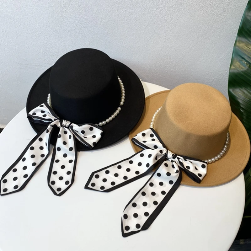 

Flat fedora women's French pearl ribbon woolen wide brim top hat autumn and winter ladies elegant temperament black jazz hat