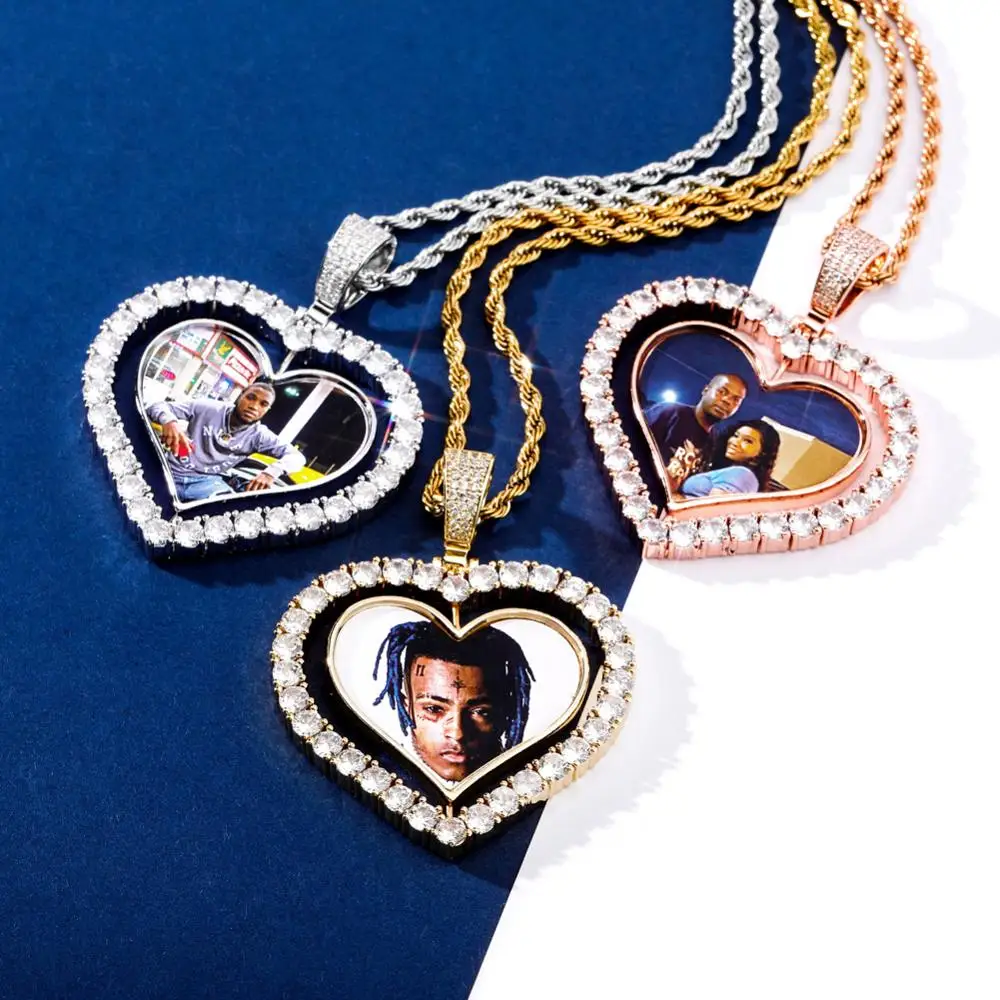 

New Heart Shaped Custom Photo Spin Double Sided Medallion Zircon Pendant Necklace With Stainless Steel Chain Hip Hop Men Jewelry