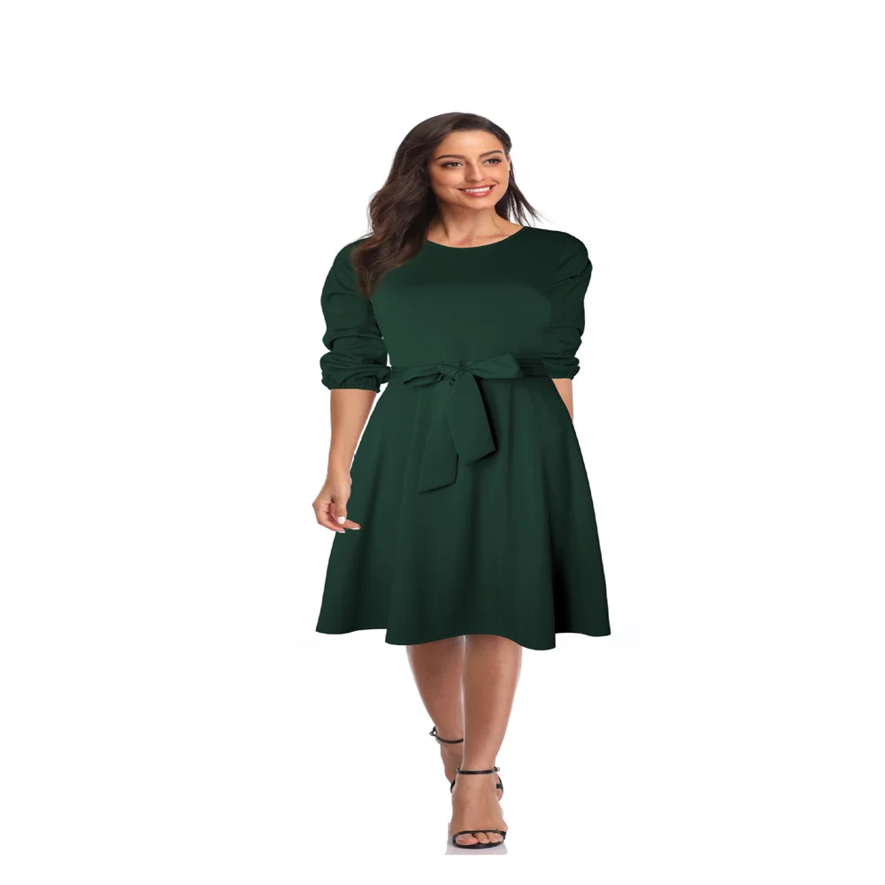 

Autumn And Spring New Solid Color Waist Long Sleeve Dress With Belt Women Dress