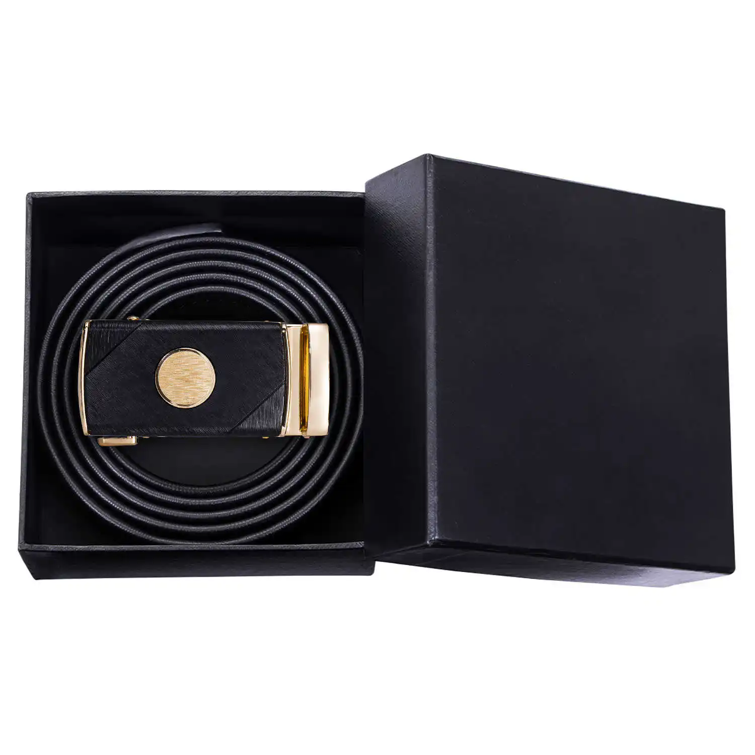 

Men's leather belt black belt automatic gold slide buckle alloy holeless buckle belt for brim pants. wang