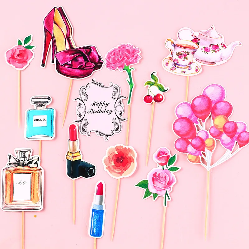 

13pcs Makeup Birthday Cake Toppers Sexy High Heels Perfume Bottle Wedding Cupcake Topper Gilrs Birthday Party Cake Decorations