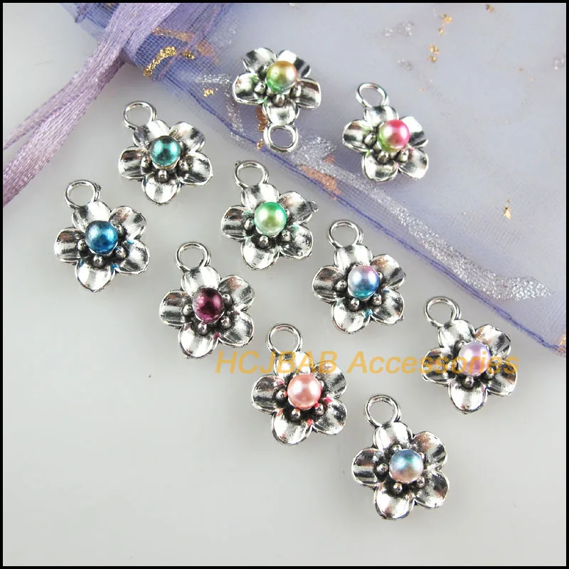 

30Pcs Tibetan Silver Tone Flower Mixed Acrylic Star Charms Pendants 11.5x15mm