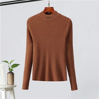 Brown GCAROL/Новинка; женский воротник-стойка с вышивкой; свитер; короткие вязаные топы; сезон осень-зима; эластичный сексуальный джемпер для девочек; трикотаж - Цвет: Brown