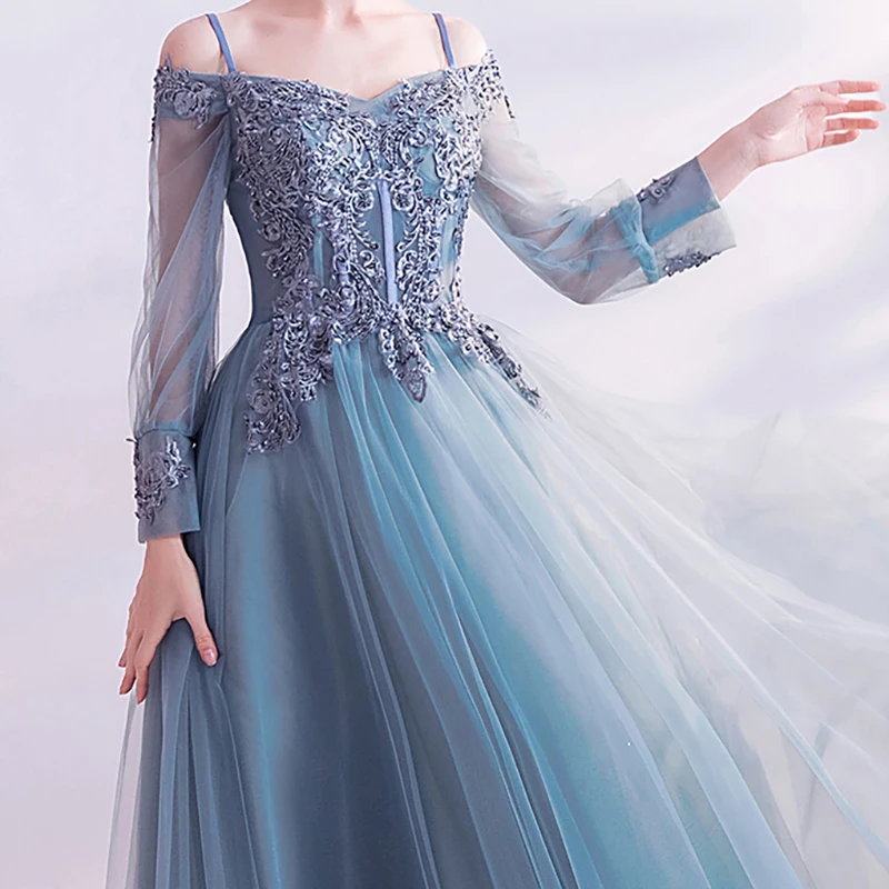 

Evening Dress Illusion Off The Shoulder Blue Tulle A-Line Beading Sequined Spaghetti Strap Embroidery Women Formal Dresses TS425
