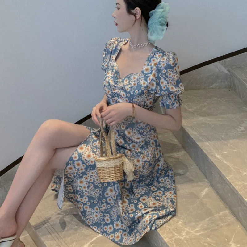 

Summer 2021 New Arrival Korean Vintage Daisy Print Dress Women Puff Sleeve Sundress Robe Femme High Waist A-line Dress Zaraing