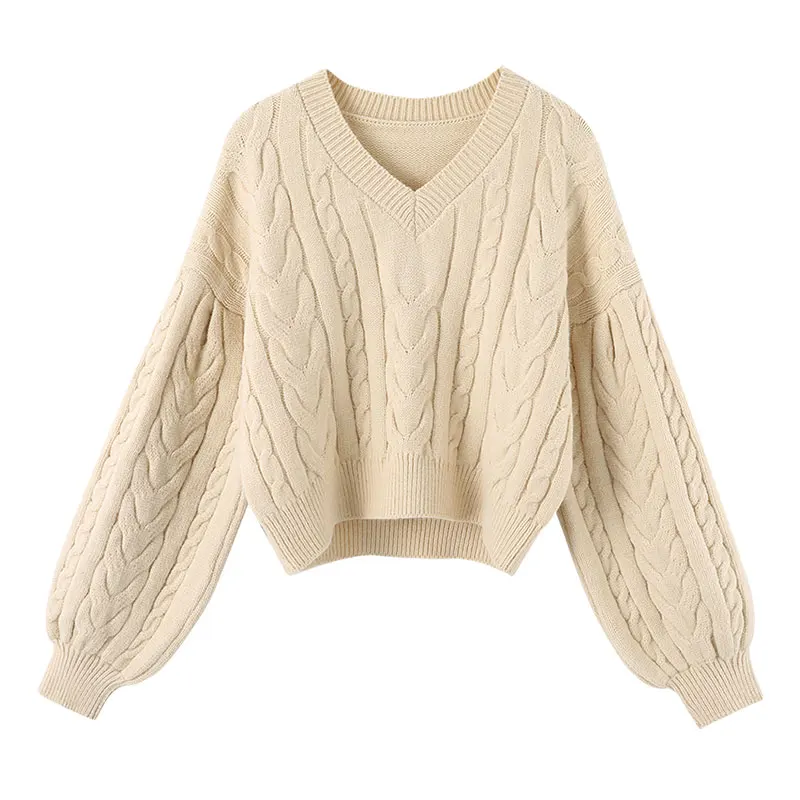 

Lantern Sleeved Thick Warm Female Sweater Pullovers V-Neck Solid Short Empire Female Pulls Outwear Coats Tops