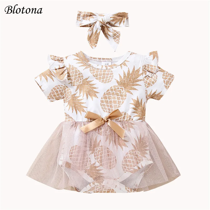 

Blotona 2Pcs Baby Girls Summer Romper Suit, Pineapple Print O-Neck Short Sleeves Jumpsuit Yarn Skirt with Hairband 0-12Months