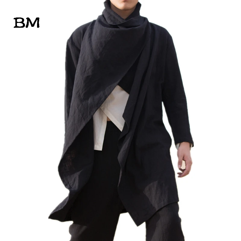 Тренчкот мужской в китайском стиле хлопковая и льняная однотонная длинная