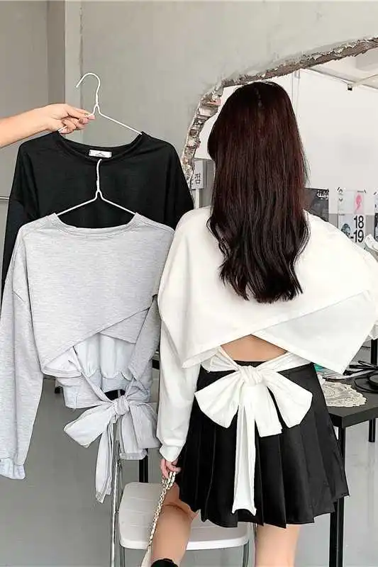 

IEQJ New 2021 Spring And Autumn Fashion Solid Color Slim Blackless Thin Long Sleeve Sweater Women's Loose Short Top SK655
