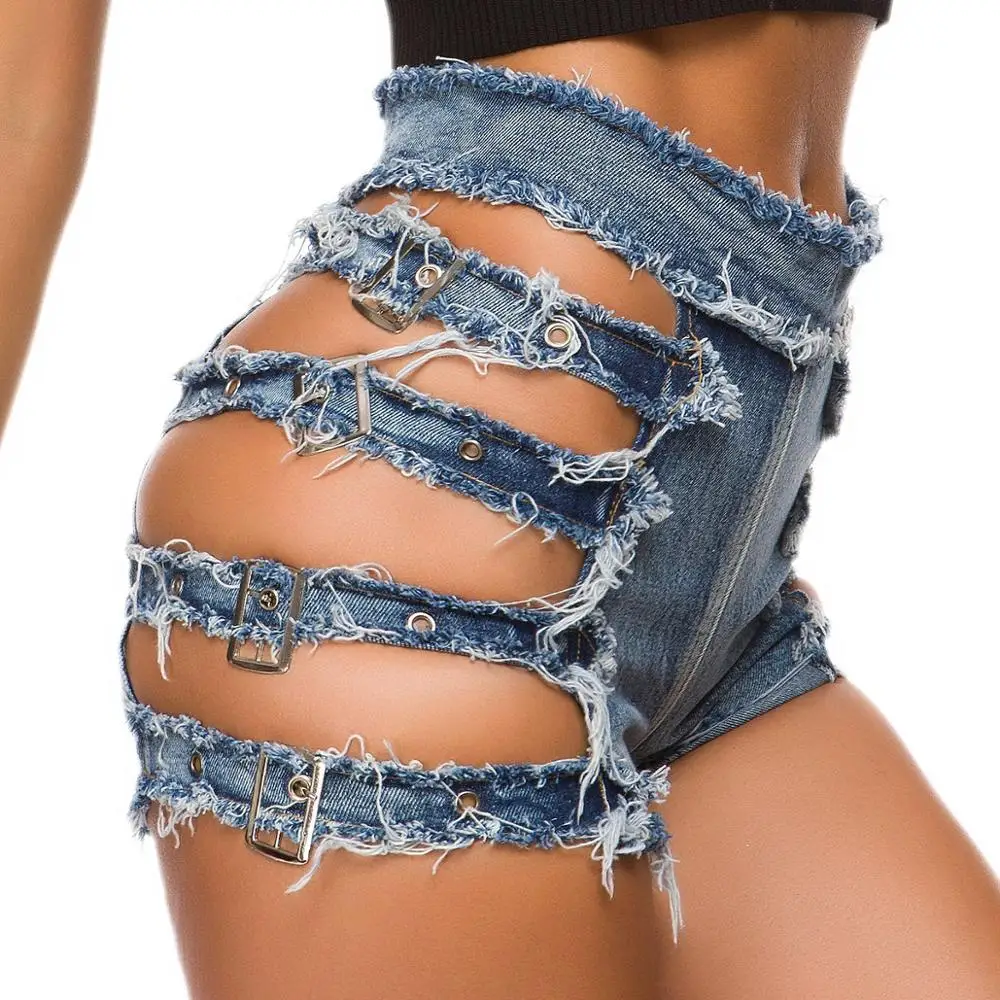 

Hot Women Two Side Hollow Out Denim Shorts Ladies High Waist Back Zip Sexy Mini Nightclub Shorts Feminino Spodenki Damskie
