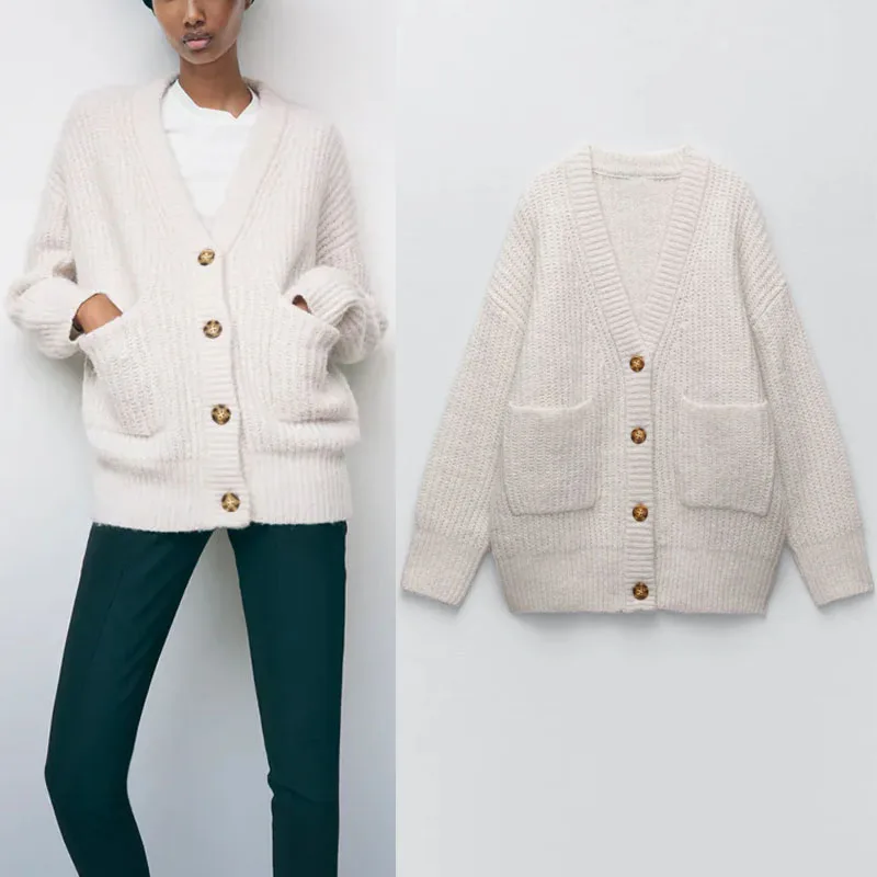 

Женский кардиган с карманами Za, бежевый Повседневный вязаный кардиган свободного кроя с длинным рукавом, винтажные кардиганы с V-образным в...