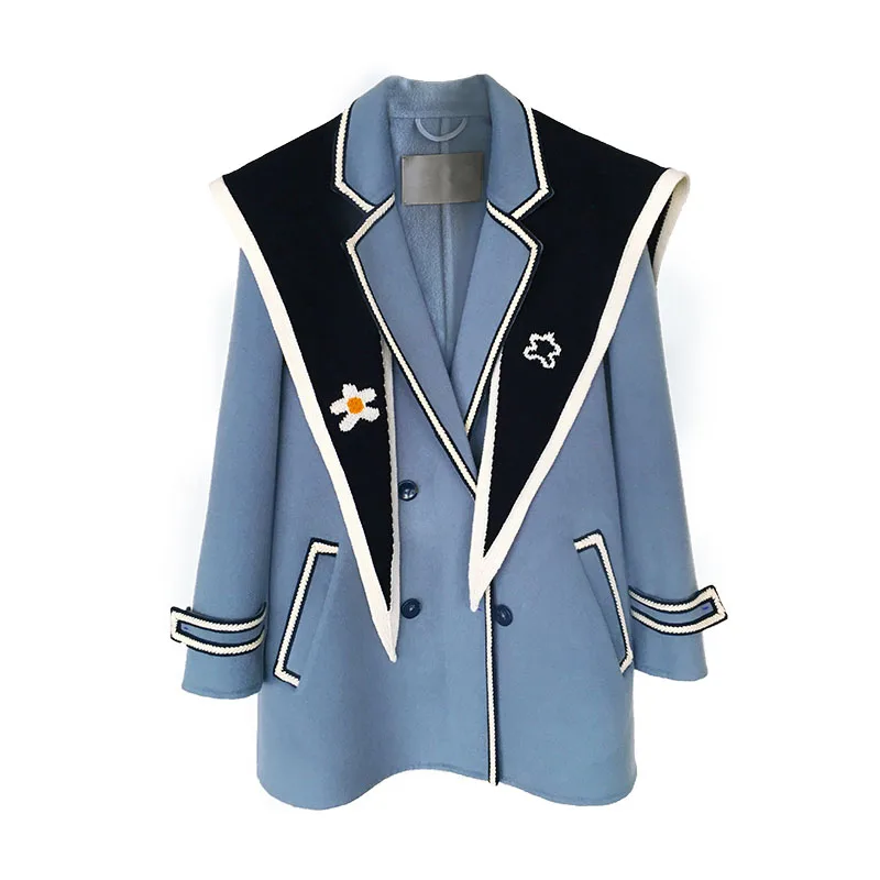 

LANMREM 2021 Autumn Winter Double-side Woolen Coat Warm Blue Color Double-breasted Straight Overcoat For Women Fashion 2A2933