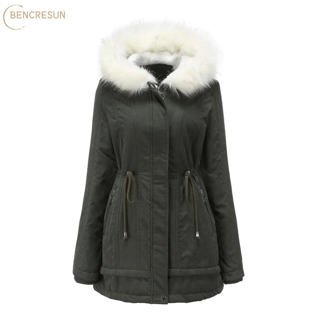 

Winter Women Cotton-padded Parkas Jacket Mid-length Hooded Warmth Thickening Fluffy White Fur Collar Zipper Pocket Casual Coat