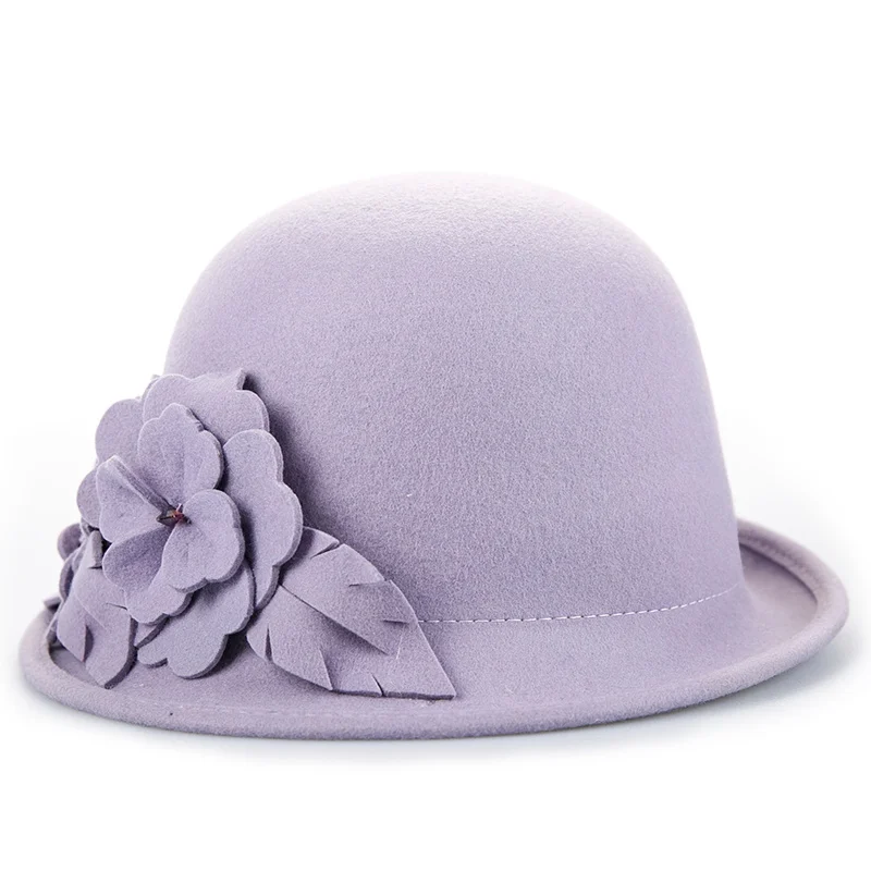 Purple 52cm Sedancasesa Wool From Australian Felt Hat for Girls Child Bucket Hats With Flower Decoration Fedoras for Children 52cm - Цвет: Purple 52cm