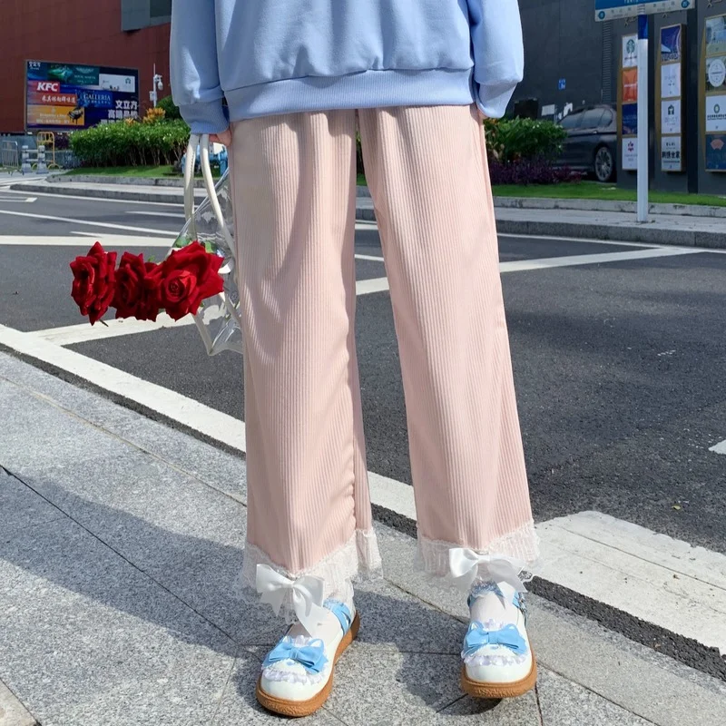 

Straight Pant Women Autumn Cute Bow Knot Decoration Elastic Waist Lace Trim Ankle-Length Pant for Sweet Girl