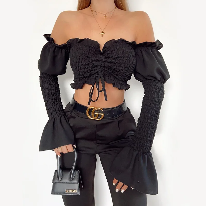 

Women Sexy Slim Off Shoulder Navel Short Top Elegant Solid Ruffle Flared Sleeve Blouse Fashion Drawstring Lady Nightclub Blouses
