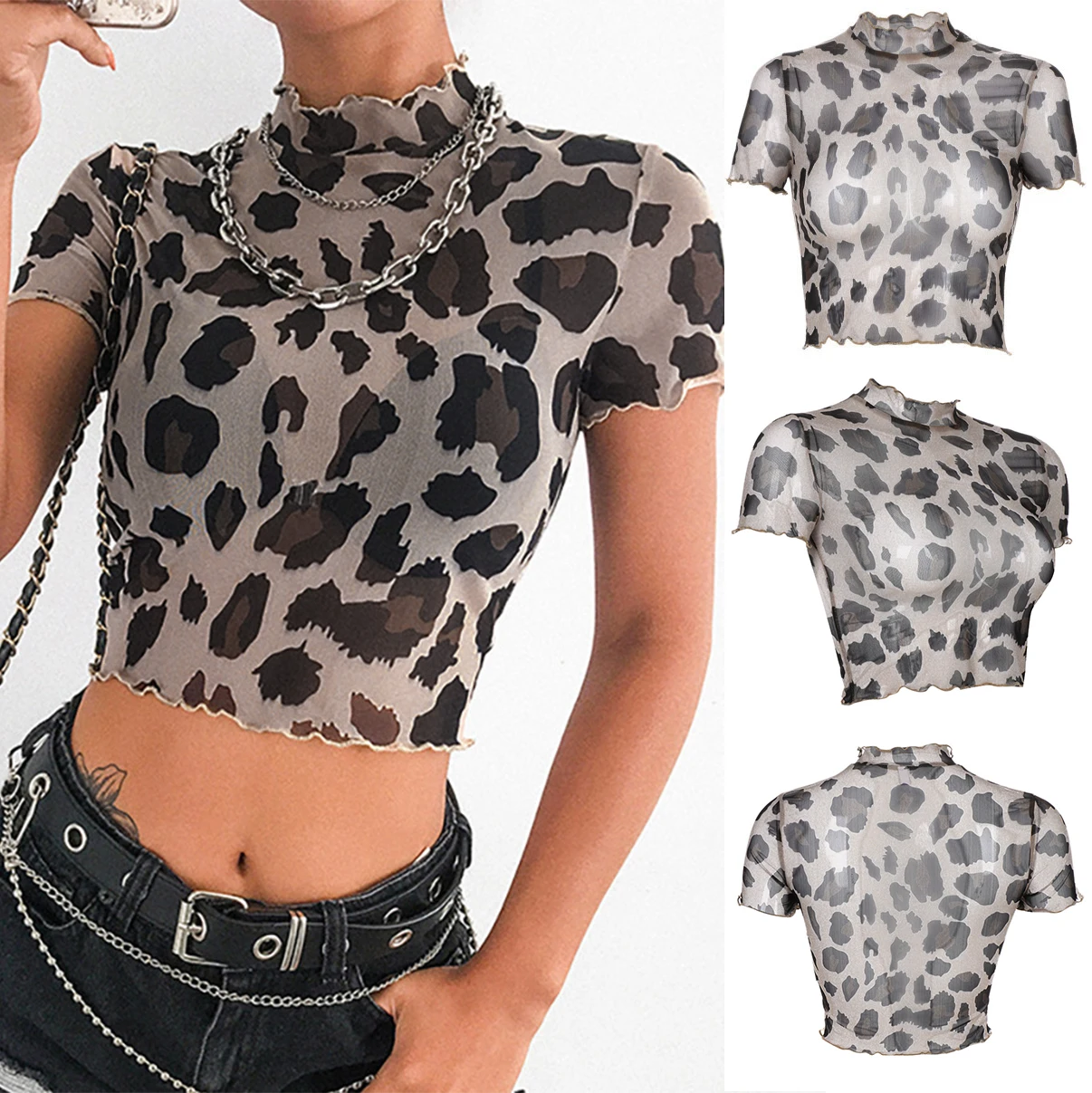 

Women's New Leopard Printed Mesh Hollow Perspective Short Sleeve T-Shirt Khaki