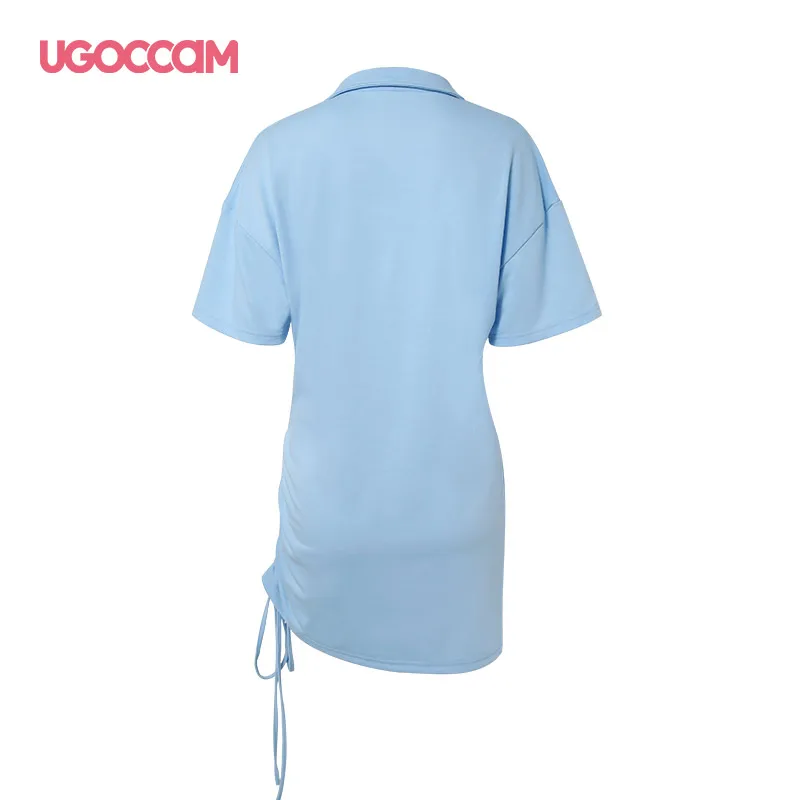 

UGOCCAM Women Shirt Dress Short Sleeve Oversized Drawstring Button Up Loose Mini Dresses Casual Turn Down Collar Dresse Street