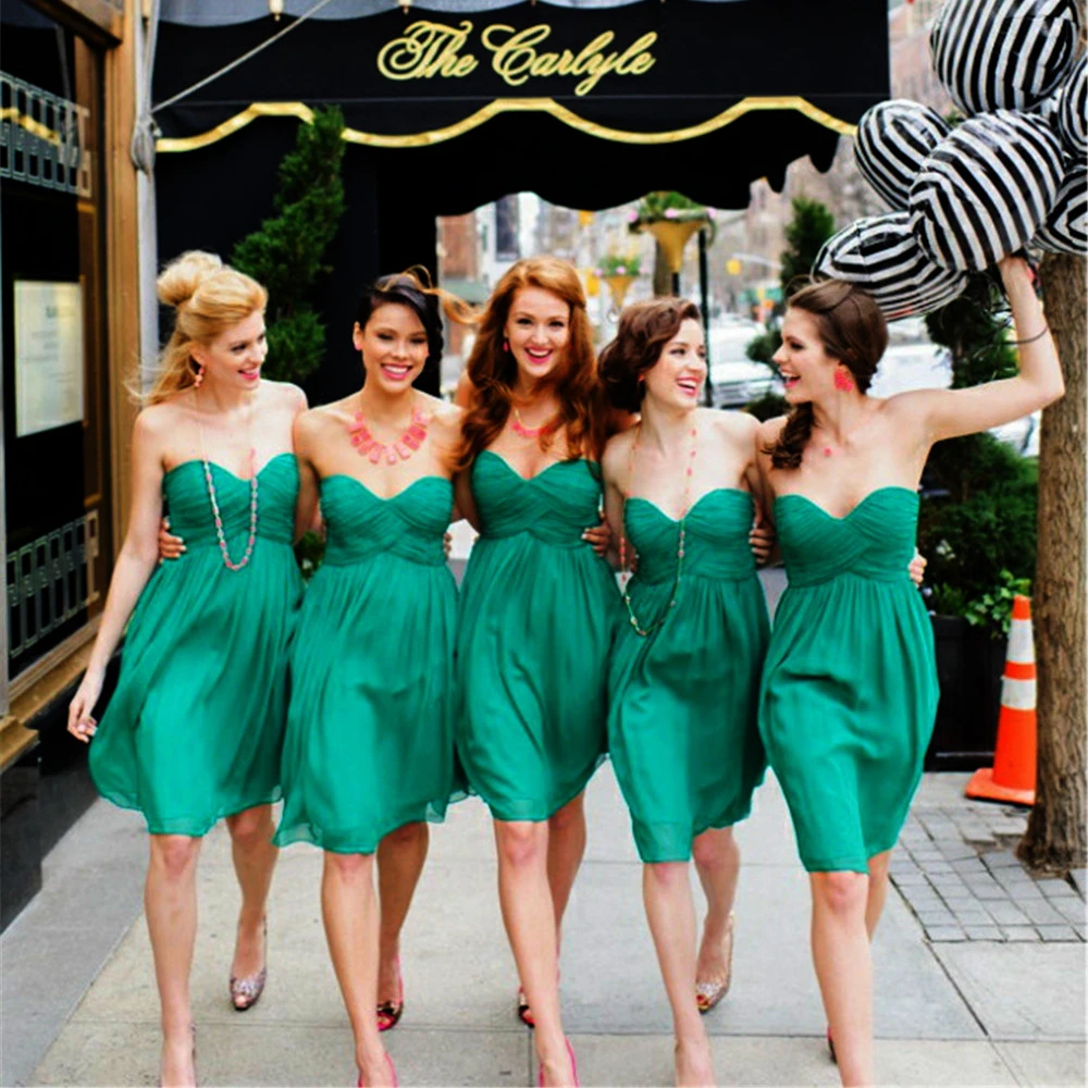 green bridesmaid dress Sweetheart pleat Zipper Back Knee Length A Line Fashion Chiffon Customer Design 2020 vestido de festa | Свадьбы и