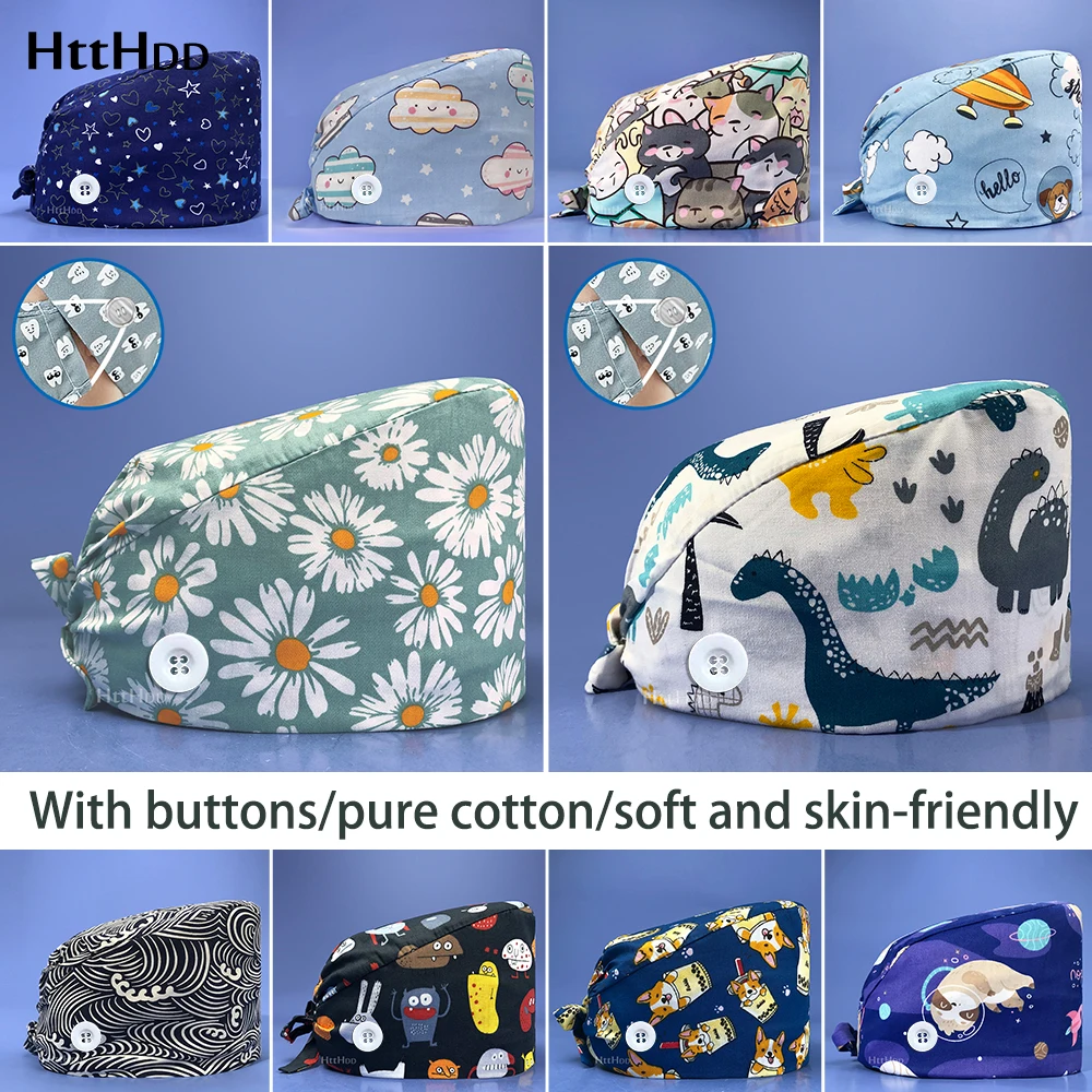 

17 Colors Scrubs Nurse Soft Hats Flower Fluffy Hygienic Caps with Sweat Band Cartoon Print Hospital Operating Room Surgical Cap
