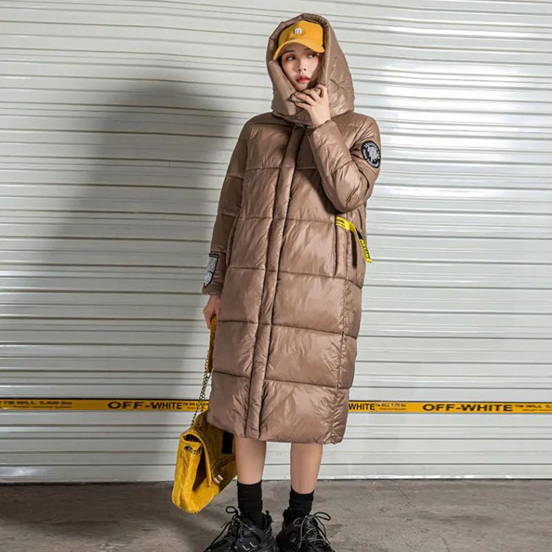 

2020 Winter New Cotton Coat Women Long Fashion Shiny Jacket Thick Loose Large size Down Padded Jackets Hooded Woman Parka DH164