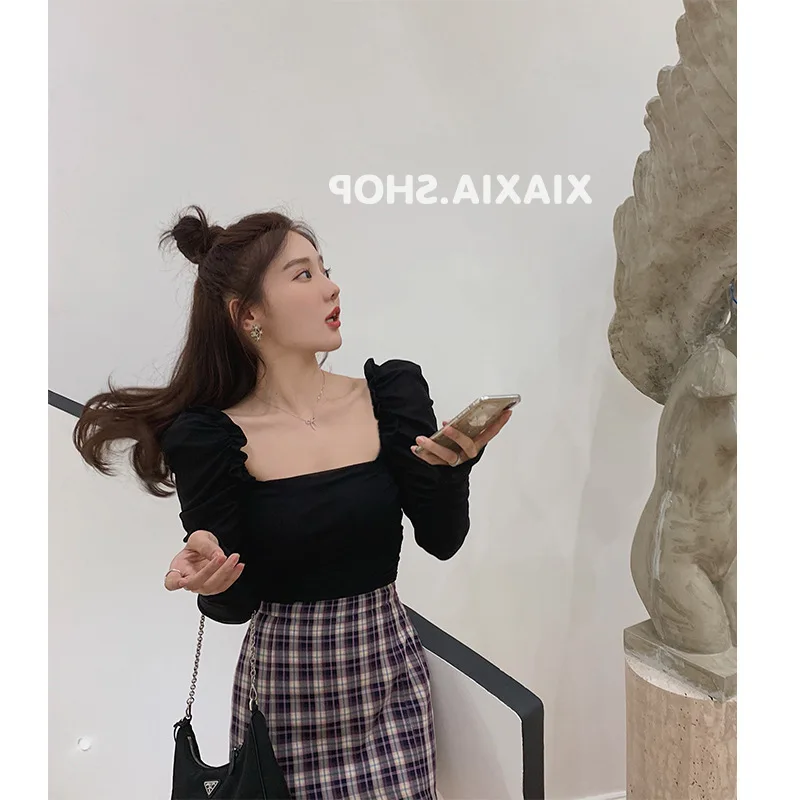 

2021 summer upper body style, fashionable and comfortable, square neck high stretch mesh long sleeve T-shirt female